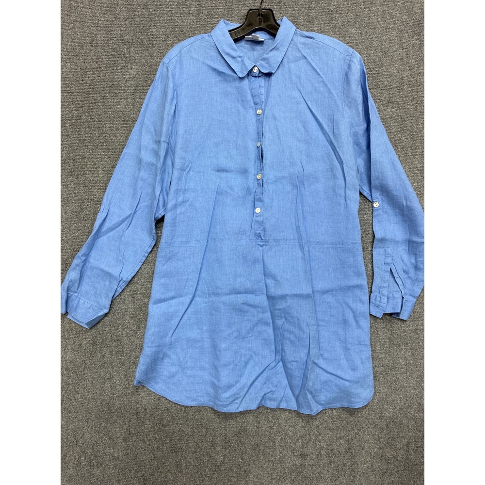 100% Linen JJill Love Tunic Top Blue Button Front Roll Tab Sleeve Pockets Large